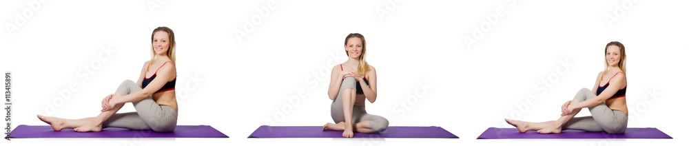 Young female doing exercises on white