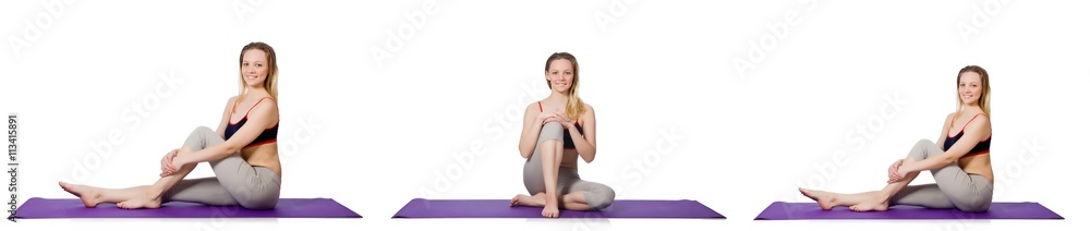 Young female doing exercises on white Young female doing exercises on white