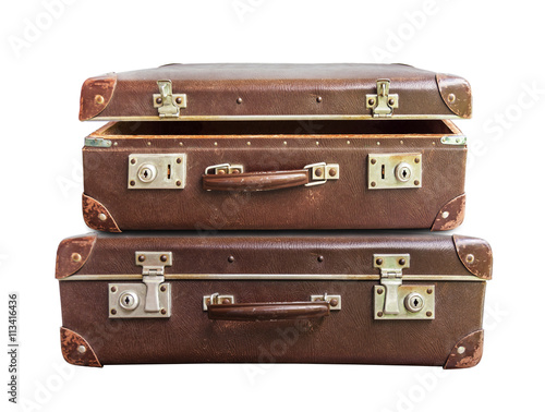 Open and closed vintage brown suitcase on white background