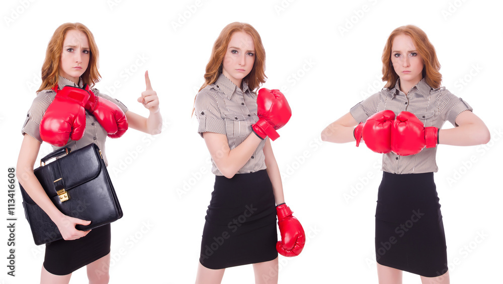 Collage of woman businesswoman with boxing gloves on white Collage of woman businesswoman with boxing gloves on white