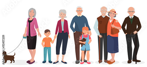 Old people grandparents couples set. Granny with kids and dog.