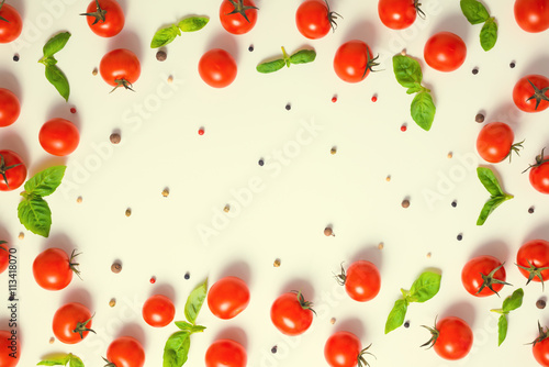 Fototapeta Naklejka Na Ścianę i Meble -  top view of beautiful frame cherry tomato, dry peppers and green