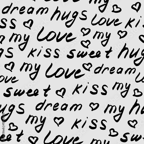 Love lettering seamless pattern, hand drawn calligraphy wallpaper. Vector background.