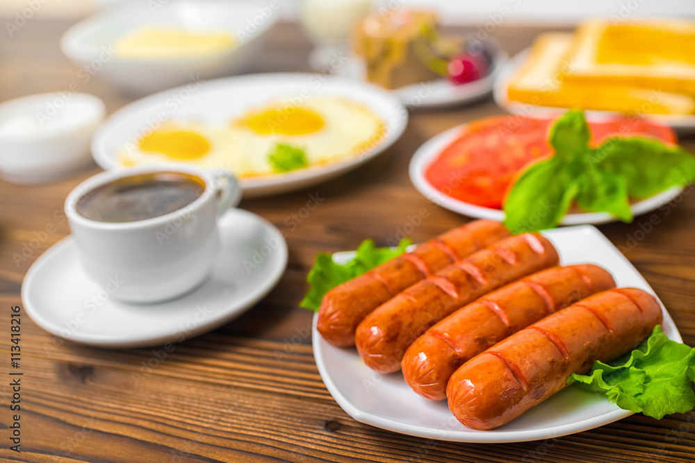breakfast with setting food products over wooden background, clo breakfast with setting food products over wooden background, clo