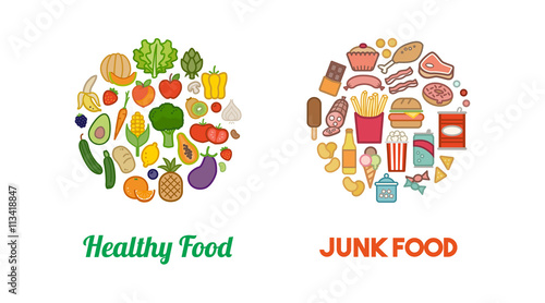 Healthy vegetables and junk food