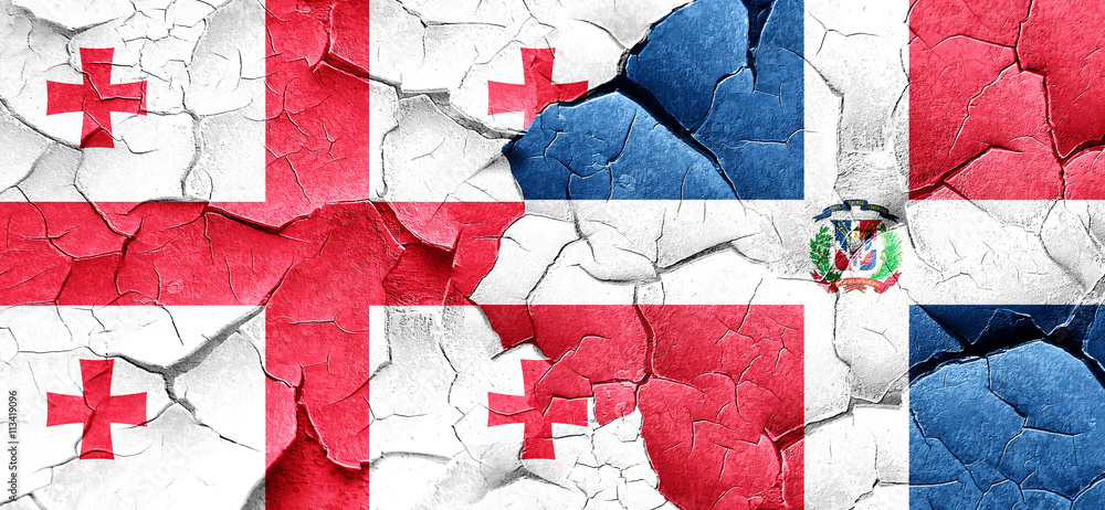 Georgia flag with Dominican Republic flag on a grunge cracked wa