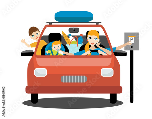 Multitasking woman, mother driving car with a hungry baby, older son, talking a phone. Flat vector.