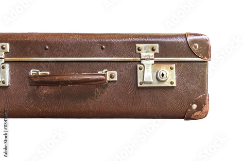 Part of vintage brown suitcase on white background