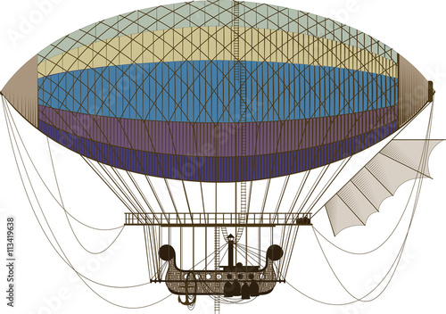 Fictional retro dirigible with basket passenger ladders and left wing on white background