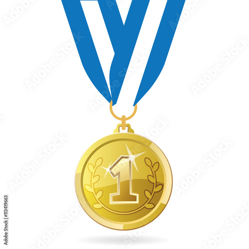 Gold medal icon. Medal for first place. Gold medal on the ribbon. Vector illustration