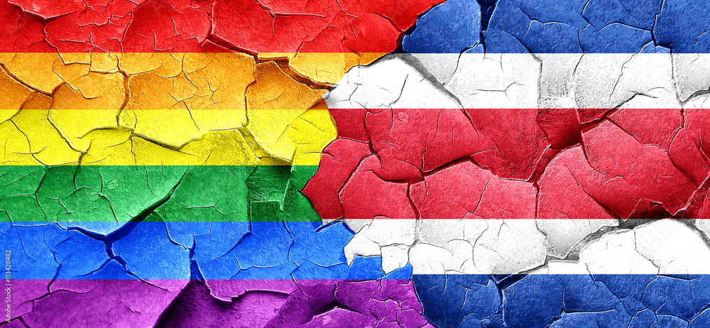 Gay pride flag with Costa Rica flag on a grunge cracked wall Gay pride flag with Costa Rica flag on a grunge cracked wall