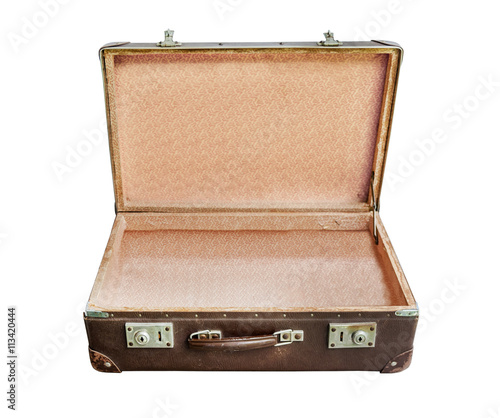 Vintage open brown suitcase on white background