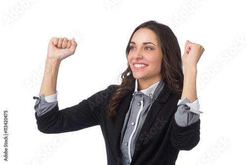 successful business women with arms up