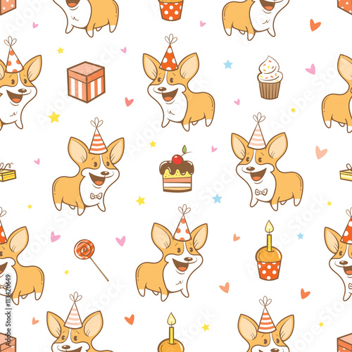 Seamless pattern with cute cartoon dogs breed Welsh Corgi Pembroke on  white  background. Funny baby animals. Birthday gifts, balloons, sweets and party hats. Children's illustration. Vector image. 