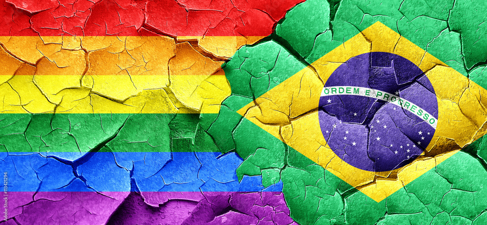 Gay pride flag with Brazil flag on a grunge cracked wall