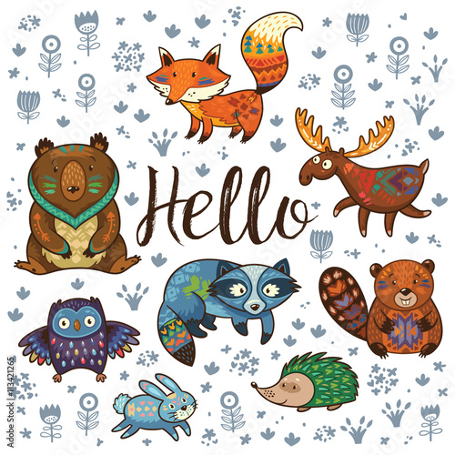 Forest tribal animals vector set