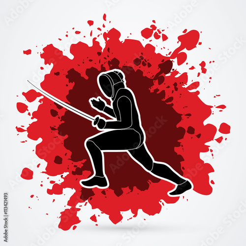 Fencing pose designed on splatter blood background graphic vector