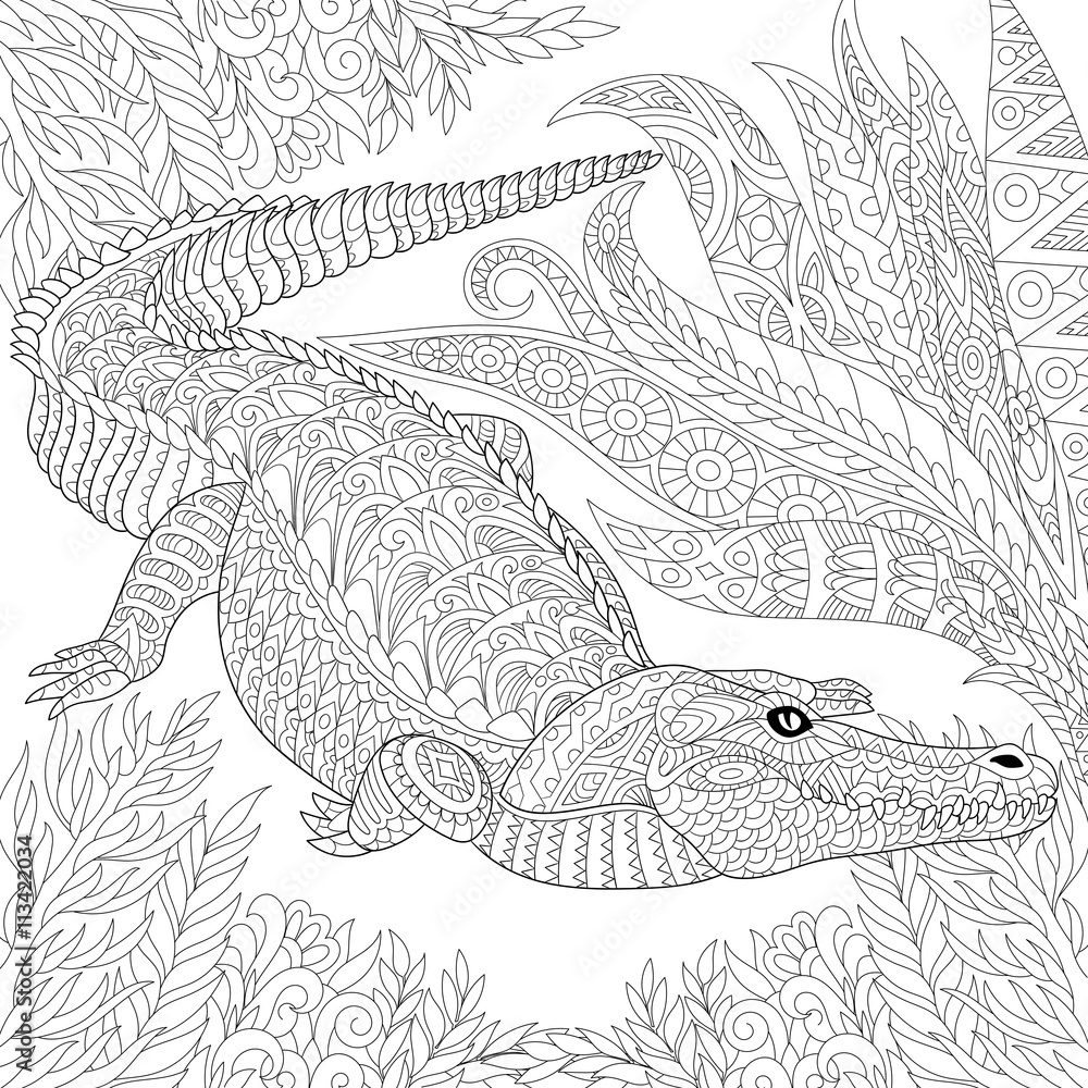 Naklejka premium Zentangle stylizowany rysunek krokodyla (aligatora) wśród liści dżungli. Ręcznie rysowane szkic dla dorosłych kolorowanki antystresowe, godło T-shirt, logo, tatuaż z doodle, zentangle, kwiatowy wzór elementów
