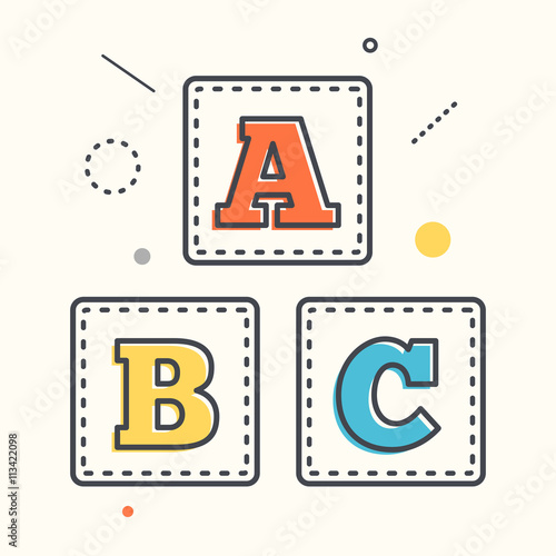 ABC blocks flat icon with long shadow. Alphabet cubes with A,B,C letters in flat line style