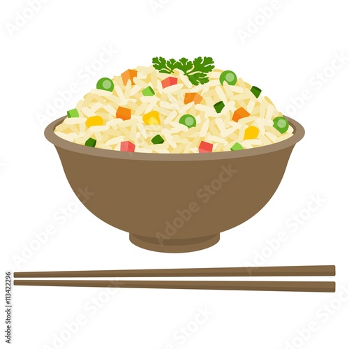 Fried rice in bowl with chopsticks, flat design