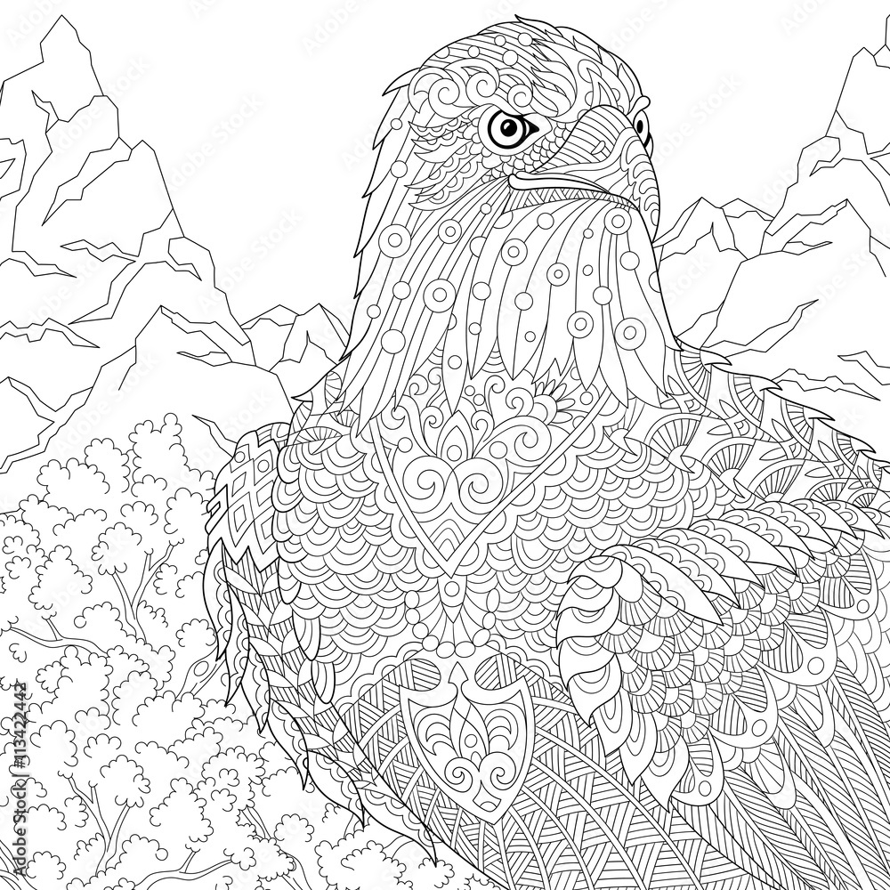 Zentangle stylized cartoon eagle of prey (hawk, falcon, osprey). Hand