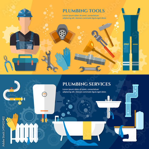 Plumbing service banner professional plumber water pipe