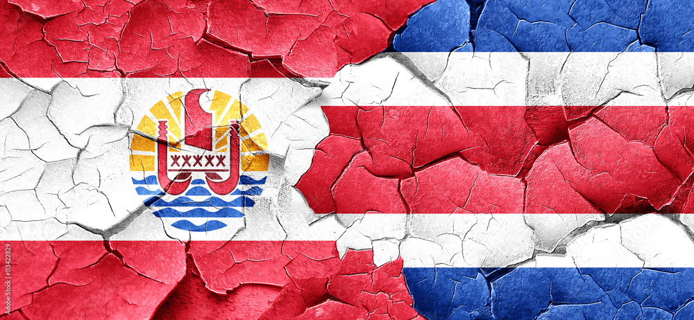 french polynesia flag with Costa Rica flag on a grunge cracked w french polynesia flag with Costa Rica flag on a grunge cracked w