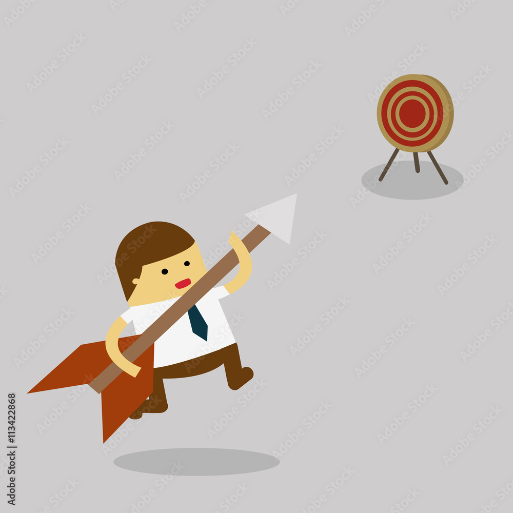 Businessman trying to hit a high target with a large dart to achieve his goal Businessman trying to hit a high target with a large dart to achieve his goal