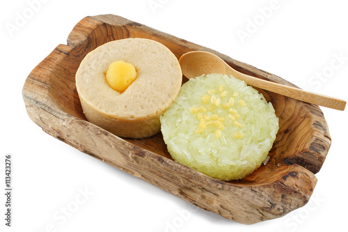 Thai Custard with Sticky Rice on Wooden Plate Isolate, White Background