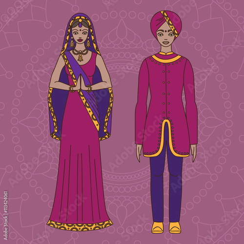 South Asia beautiful woman and man wearing indian traditional cloth, hinduism costume, sari on background