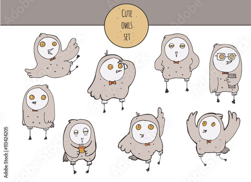 Vector cute illustration with hand drawn set of colorful owls in different poses and various emotions on face, with yellow eyes, long wings. Isolated on white handdrawn collection.