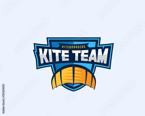 Kiteboarding Team Sport Emblem. Kite Symbol on a Shield with Typography. Vector Logo Template.