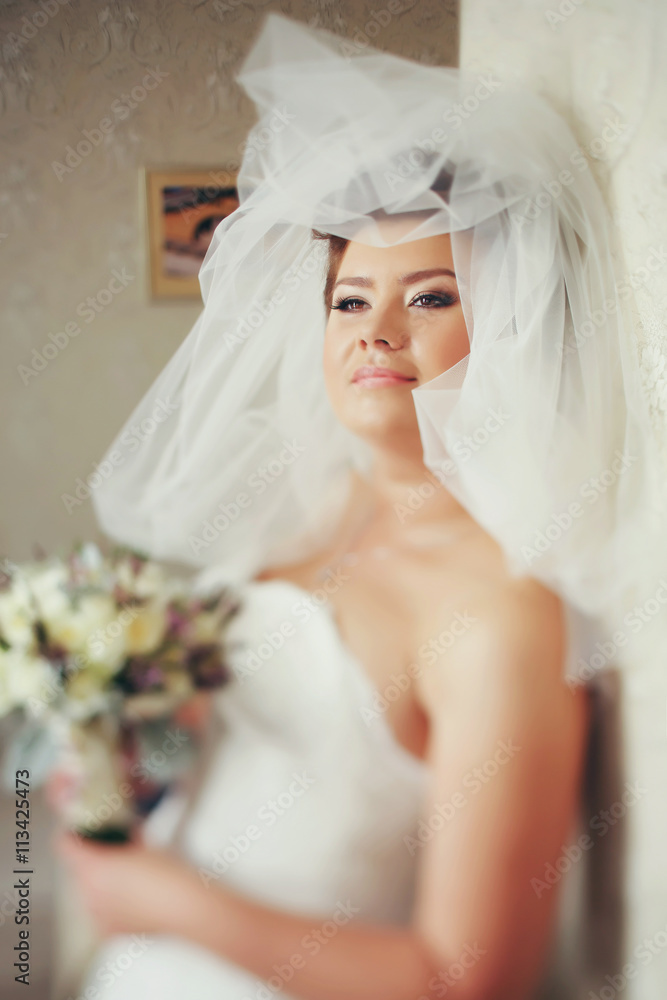 Bride looks wonderful being covered with a veil Bride looks wonderful being covered with a veil