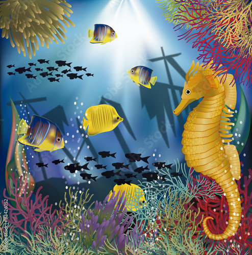 Underwater wallpaper with tropical fish, vector illustration