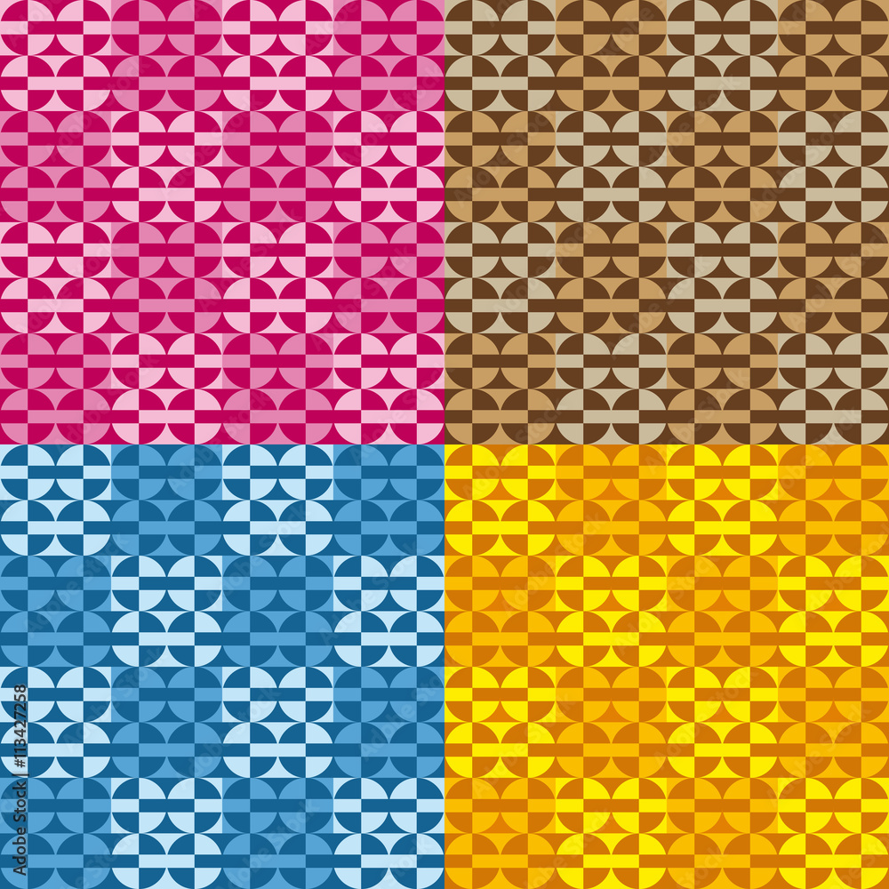 Set four fun geometric patterns with colorful circles and rectangles Set four fun geometric patterns with colorful circles and rectangles