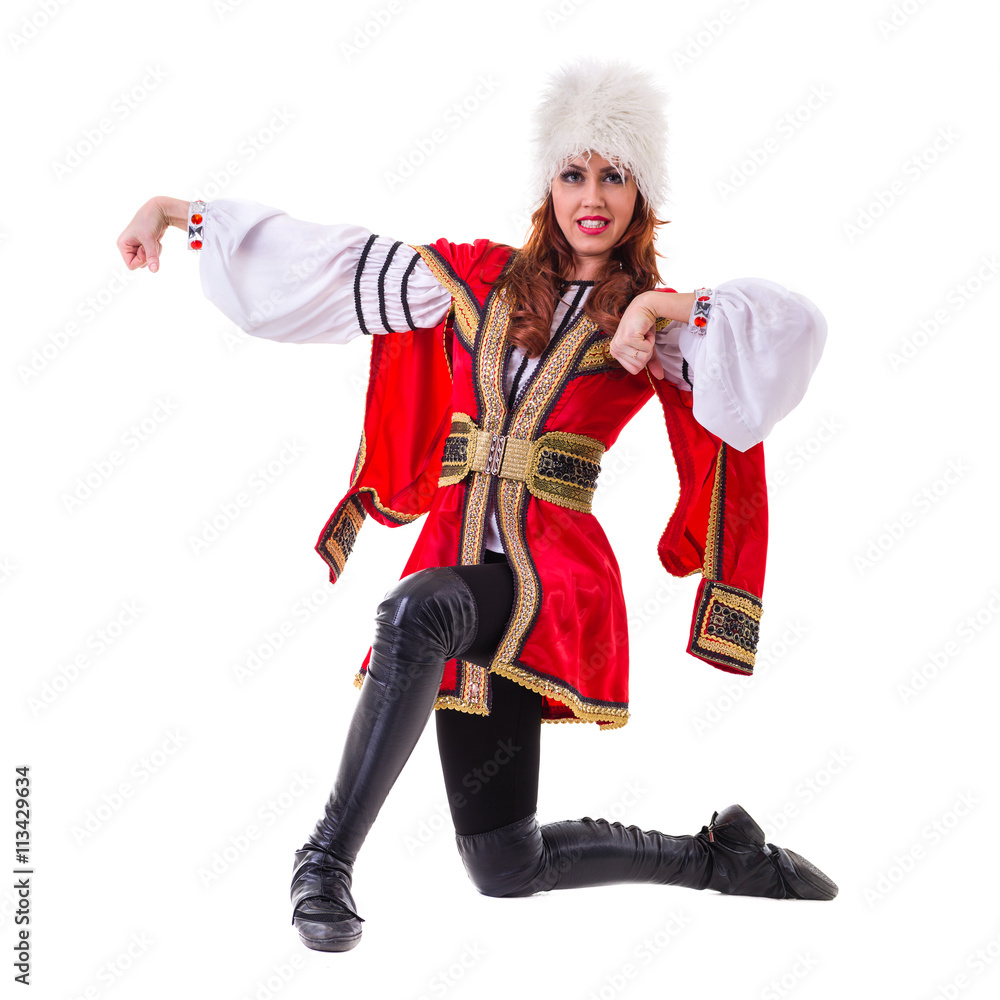 Handsome Woman Dancing Lezginka Stock-foto 