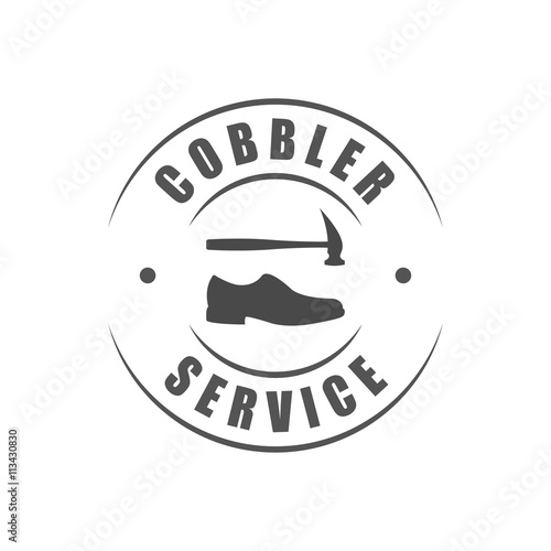 Cobbler service round logotype, shoe and hammer silhouettes
