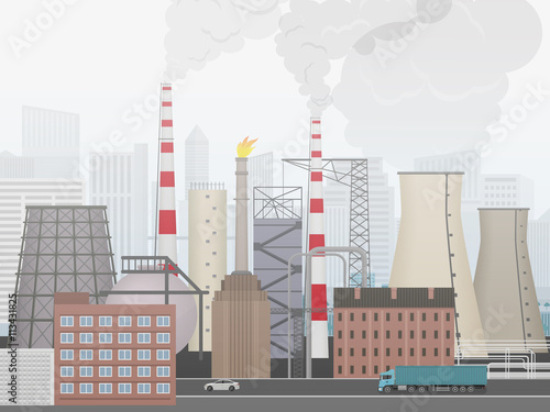 Industrial factory landscape. Plant or factory the city background in fog. Bad Ecology environmental pollution concept.