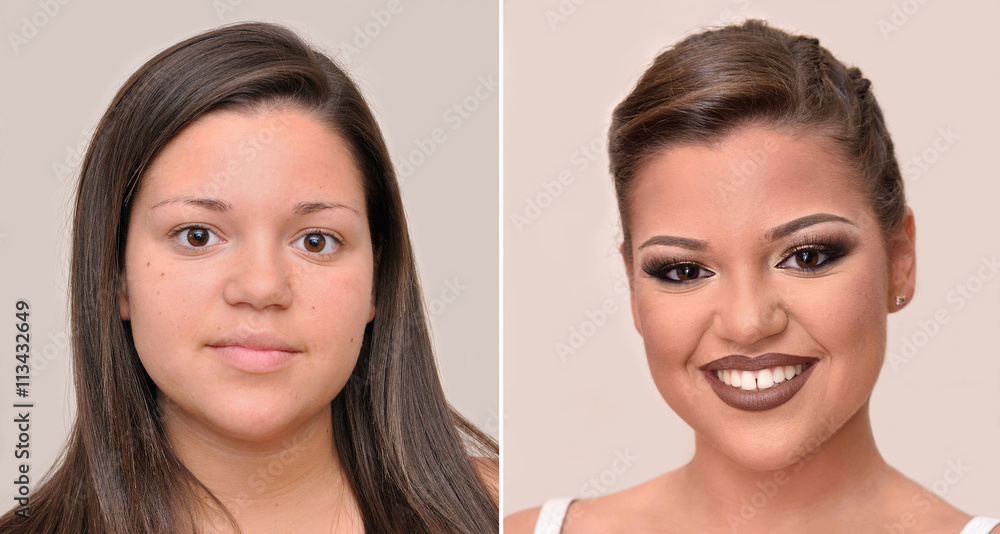 Teenage girl before and after applying make-up, hairstyling and teeth whitening Teenage girl before and after applying make-up, hairstyling and teeth whitening