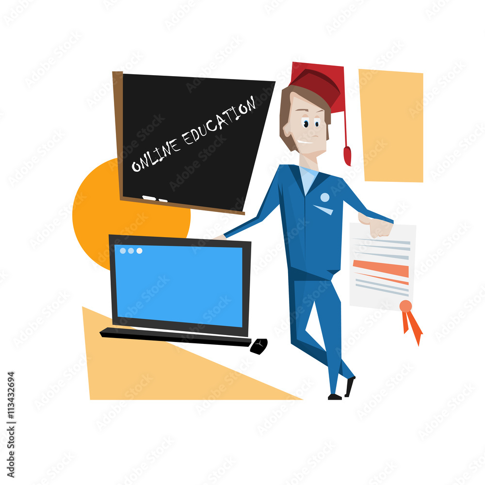 Cartoon man with senior hat, laptop and diploma. Cartoon man with senior hat, laptop and diploma.