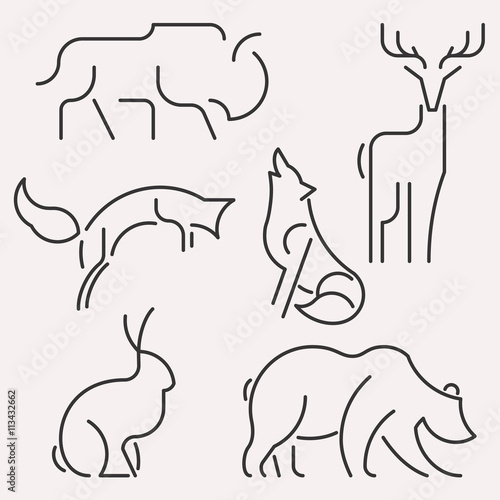 Vector line forest animals logo set. Linear figure bison, deer, fox,wolf, hare, bear