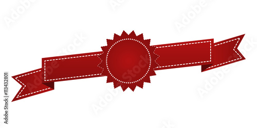 Embroidered red ribbon isolated on white. Can be used for banner, award, sale, icon, logo, label etc. Vector illustration