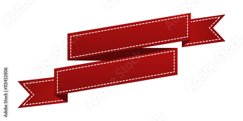 Embroidered red ribbon isolated on white. Can be used for banner, award, sale, icon, logo, label etc. Vector illustration