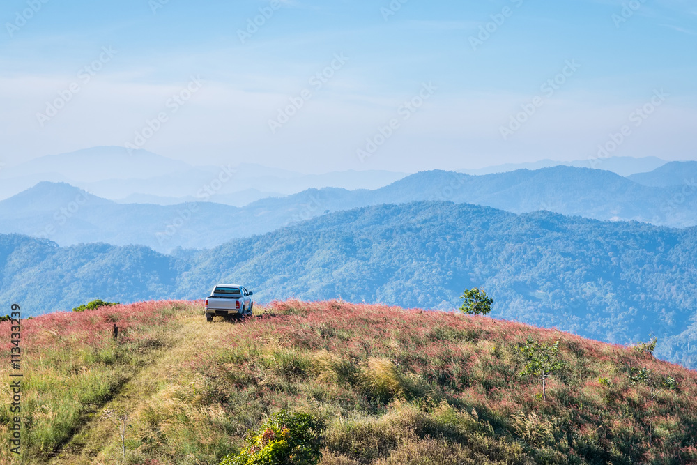 Cars parked on a hill overlooking a beautiful mountain.