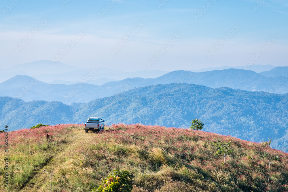 Fototapeta premium Cars parked on a hill overlooking a beautiful mountain.