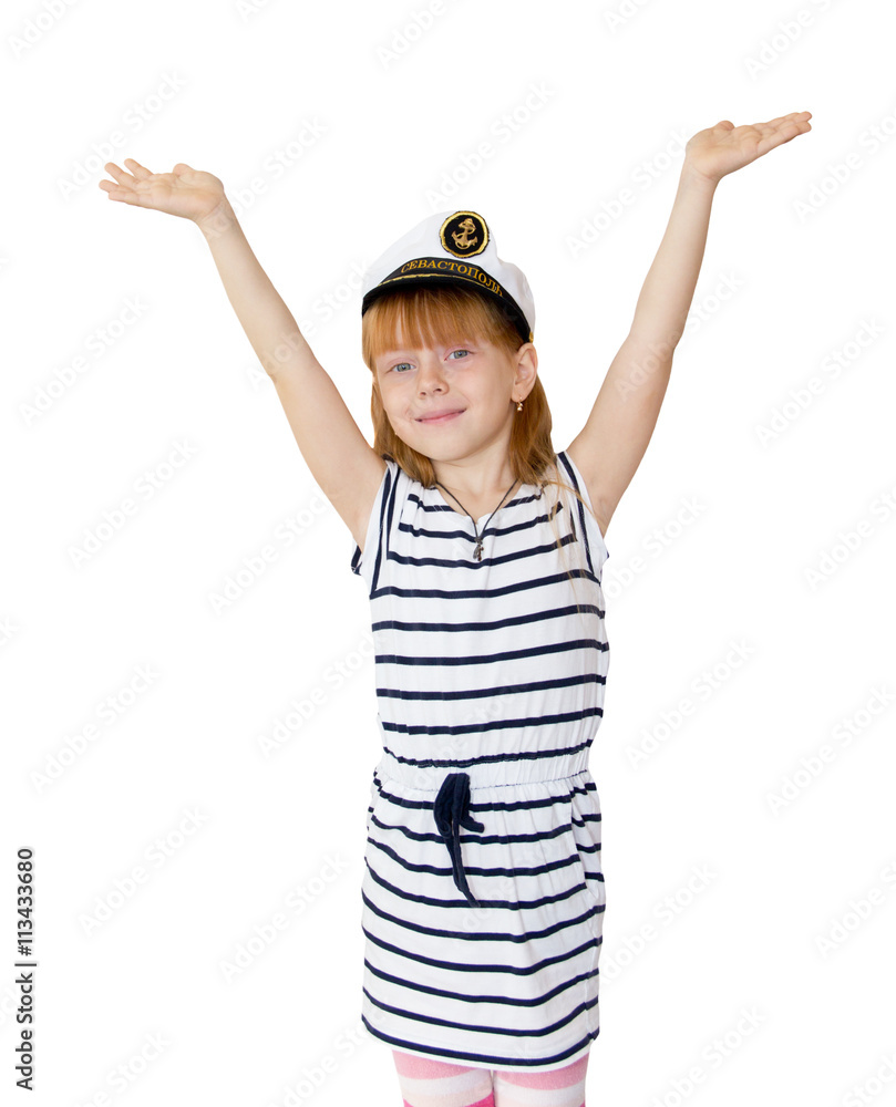 The girl in the marine cap on white background The girl in the marine cap on white background