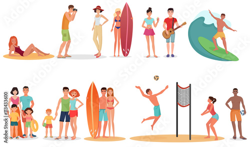 People and couples on vacation beach collection. Summer holidays set.