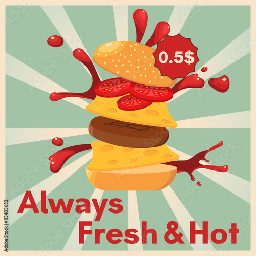 Hand drawn vector illustration of Ground Burger with various ingredients: bun with sesame seeds, tomatoes, ketchup, cheese and meat cutlet