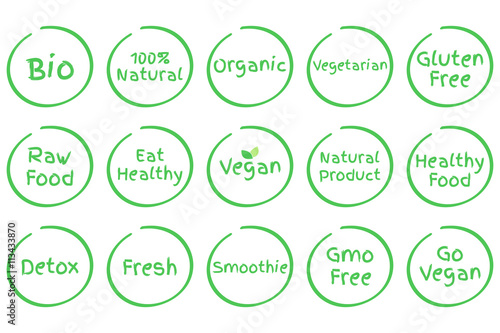 Set of Healthy Food Symbols. Vector Bio, 100% Natural, Organic, Vegetarian, Gluten Free, Raw Food, Eat Healthy, Vegan, Natural Product, Detox, Fresh, Smoothie, GMO Free, Go Vegan