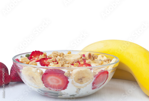 Greek yogurt with muesli  strawberries and banana